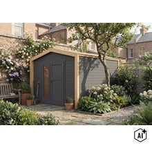 Abri de jardin moderne en bois avec double porte et élément en verre dans un jardin soigné avec terrasse et plantes. (Image AI modified or generated)