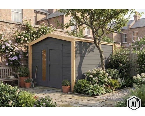 Abri de jardin moderne en bois avec double porte et élément en verre dans un jardin soigné avec terrasse et plantes. (Image AI modified or generated)