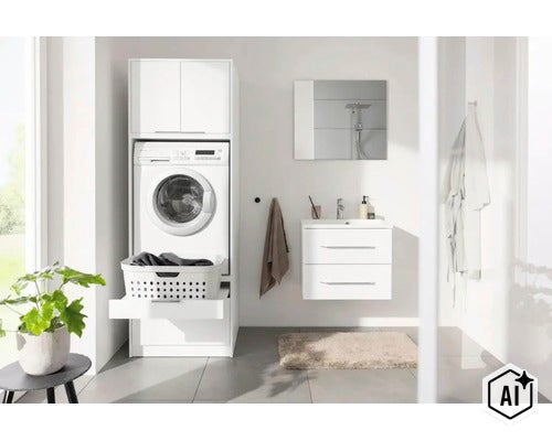 Weißer Waschmaschinenschrank im hellen Badezimmer mit Auszug für Wäschekorb, Oberschrank und Waschbecken daneben. (Image AI modified or generated)