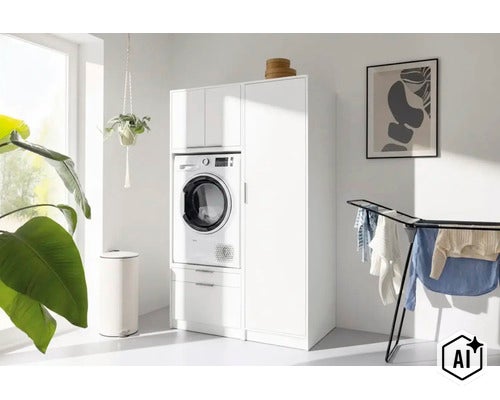 Armoire pour lave-linge et armoire haute blanche dans une buanderie lumineuse avec étendoir et lave-linge. (Image AI modified or generated)