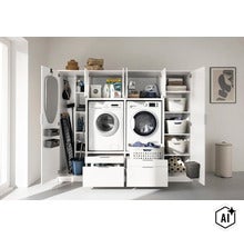Un meuble de buanderie organisé avec lave-linge, sèche-linge, étagères et tiroirs pour un espace de lavage ordonné. (Image AI modified or generated)
