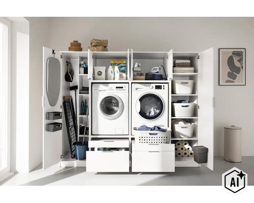 Un meuble de buanderie organisé avec lave-linge, sèche-linge, étagères et tiroirs pour un espace de lavage ordonné. (Image AI modified or generated)
