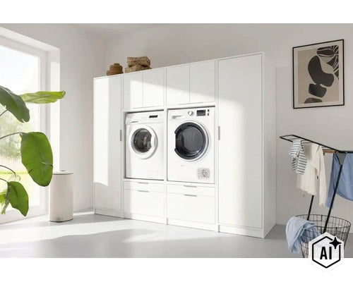 Armoire blanche pour lave-linge et sèche-linge, avec colonnes de rangement et tiroirs dans une buanderie lumineuse. (Image AI modified or generated)
