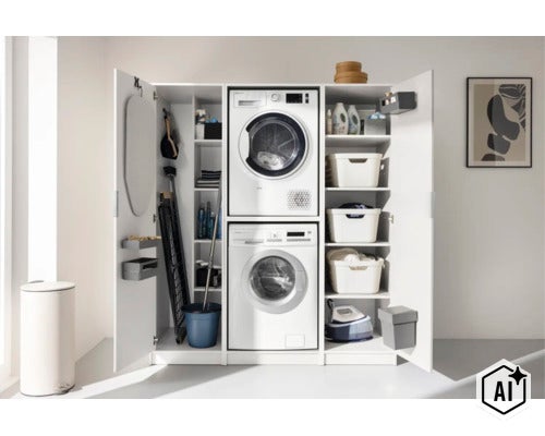 Armoire de buanderie blanche avec espace pour lave-linge, sèche-linge, paniers à linge et étagères de rangement. (Image AI modified or generated)