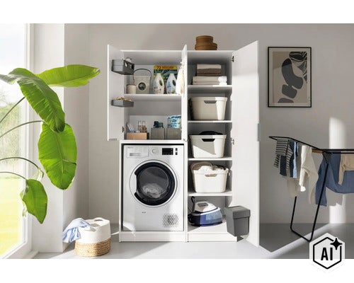 Armoire de buanderie pour lave-linge avec étagères, remplie d'accessoires de lavage, de paniers et d'un fer à repasser. (Image AI modified or generated)