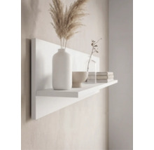 Étagère murale blanche avec panneau arrière, décorée d'un vase, de l'herbe de la pampa, d'un bol, d'une bouteille en verre et de livres.