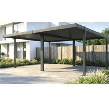 Freistehende Pergola aus dunkelgrauem Aluminium mit Lamellendach auf einer gepflasterten Terrasse vor einem modernen Wohnhaus.