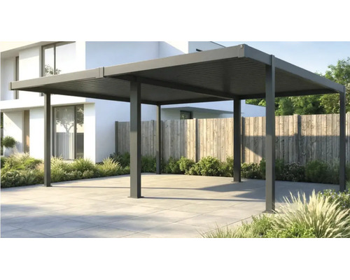 Freistehende Pergola aus dunkelgrauem Aluminium mit Lamellendach auf einer gepflasterten Terrasse vor einem modernen Wohnhaus.