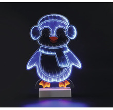 Pingouin LED avec effet miroir infini, figurine de Noël décorative avec bonnet, écharpe et cache-oreilles.