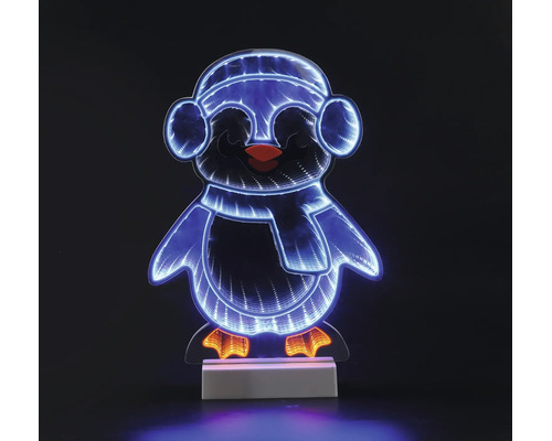 Pingouin LED avec effet miroir infini, figurine de Noël décorative avec bonnet, écharpe et cache-oreilles.