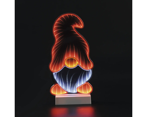 Figurine décorative LED gnome avec effet miroir d'infini, lumière chaude et froide sur socle blanc.