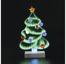 Décoration LED sapin de Noël avec effet d'infini, lumières colorées et étoile sur socle blanc.