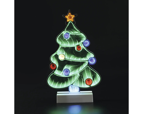 Décoration LED sapin de Noël avec effet d'infini, lumières colorées et étoile sur socle blanc.