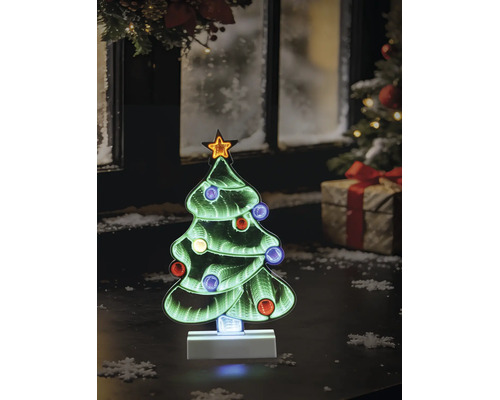 Sapin de Noël à LED avec effet miroir infini, lumières colorées et étoile sur socle blanc dans un décor de fête.