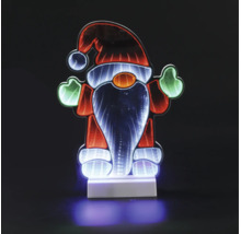 Lutin de Noël à LED avec effet miroir infini, figurine lumineuse décorative pour Noël sur socle blanc.