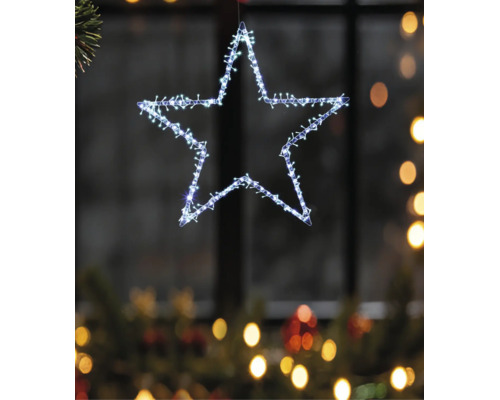 Étoile LED suspendue comme décoration de fenêtre festive avec de nombreuses petites lampes.
