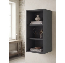 Étagère murale sombre à l'aspect bois avec trois compartiments ouverts, décorée de vases, de livres et de bols dans une pièce claire et moderne.