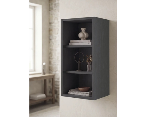 Étagère murale sombre à l'aspect bois avec trois compartiments ouverts, décorée de vases, de livres et de bols dans une pièce claire et moderne.