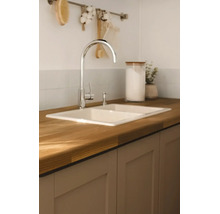 Cuisine moderne et lumineuse avec un évier double encastré dans un plan de travail en bois, un mitigeur et des meubles bas.