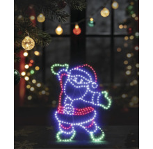 Décoration de Noël à LED en forme de Père Noël composée de lumières colorées dans un décor festif.