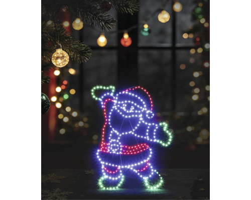 Décoration de Noël à LED en forme de Père Noël composée de lumières colorées dans un décor festif.