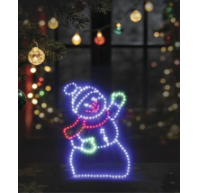 Silhouette LED bonhomme de neige pour décoration de Noël intérieure, avec bonnet et écharpe, placée dans un environnement festif et lumineux.