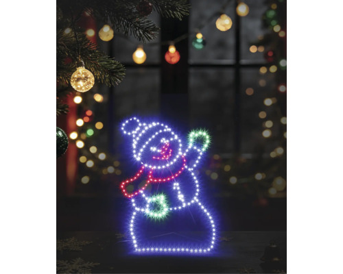 Silhouette LED bonhomme de neige pour décoration de Noël intérieure, avec bonnet et écharpe, placée dans un environnement festif et lumineux.