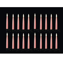 Vingt bougies de Noël à LED roses avec lumière blanc chaud et clips de fixation noirs.