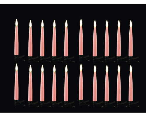 Vingt bougies de Noël à LED roses avec lumière blanc chaud et clips de fixation noirs.