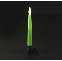 Bougie de Noël LED sans fil verte avec clip de fixation et flamme blanc chaud.