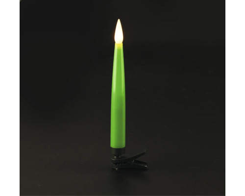 Bougie de Noël LED sans fil verte avec clip de fixation et flamme blanc chaud.