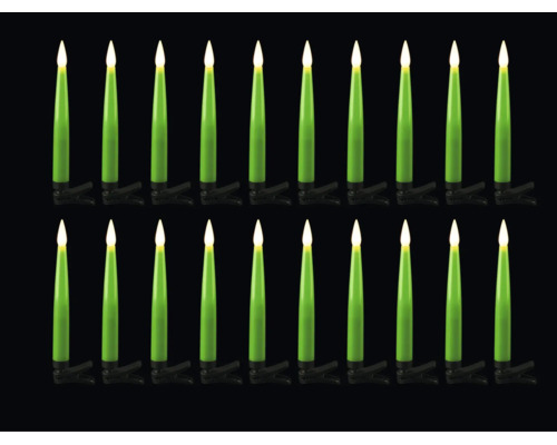 Vingt bougies de Noël vertes à LED avec clip de fixation pour le sapin de Noël.