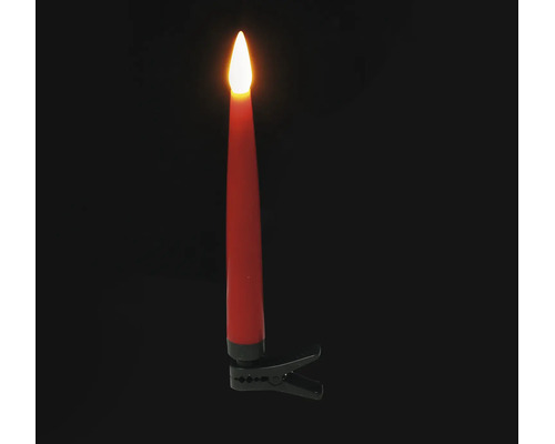 Bougie de Noël à LED rouge avec clip de fixation et flamme lumineuse.