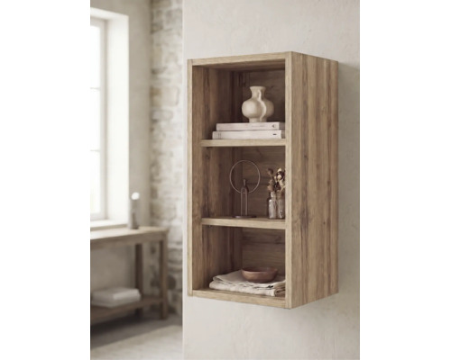 Étagère murale rectangulaire en bois avec trois compartiments ouverts, décorée de vases et de livres dans une pièce lumineuse.