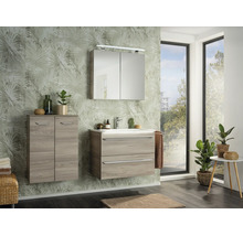 Salle de bains moderne avec meuble sous-lavabo aspect bois clair, lavabo blanc, armoire de toilette avec éclairage et meuble d'appoint assorti.