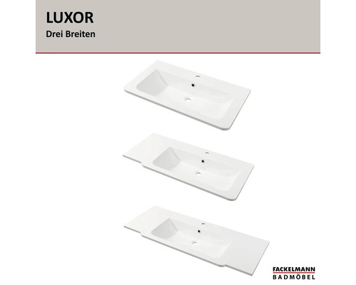 Fackelmann Luxor Waschbecken in drei verschiedenen Breiten für das Badezimmer. Fackelmann Logo.