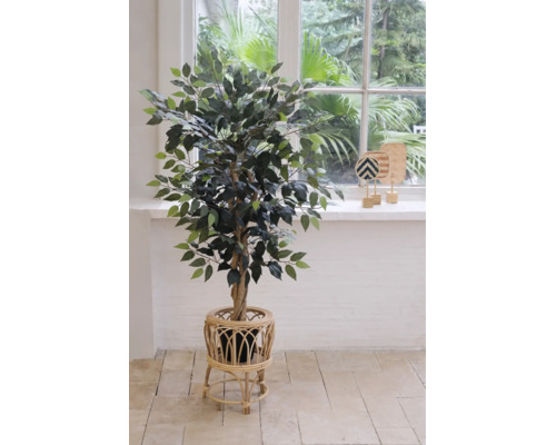 Künstlicher Ficus Benjamina in einem dekorativen Rattan-Pflanzenständer in einem hellen Raum mit großem Fenster.