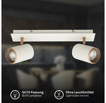 Spot de plafond à deux lampes avec têtes cylindriques orientables, détails en bois et douille GU10, sans ampoules.
