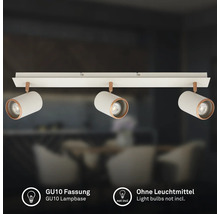 Plafonnier 3 spots blanc avec détails en bois, douille GU10, sans ampoule.
