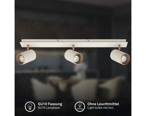 Plafonnier 3 spots blanc avec détails en bois, douille GU10, sans ampoule.