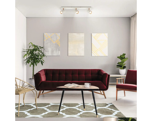 Salon moderne avec canapé en velours rouge, table basse en bois, tapis à motifs, plantes d intérieur et plafonnier à trois spots réglables.