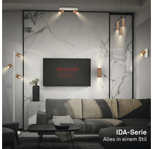 Salon moderne et lumineux avec Briloner Logo sur la télévision, luminaires série IDA sur mur en marbre, plafond et lampadaire près du canapé.
