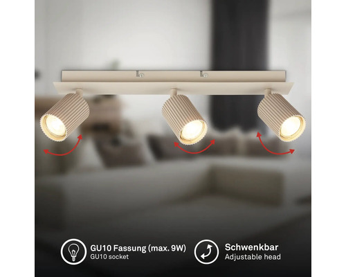 Spot de plafond à 3 lampes avec têtes orientables et douille GU10 pour maximum 9 watts.
