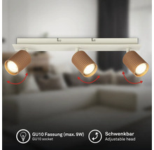 Plafonnier à trois spots avec têtes rainurées et orientables, douille GU10.