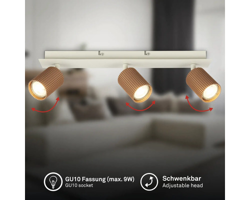 Plafonnier à trois spots avec têtes rainurées et orientables, douille GU10.