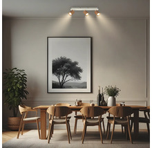 Plafonnier à trois spots dans une salle à manger moderne et lumineuse avec table en bois, chaises assorties et une grande plante.