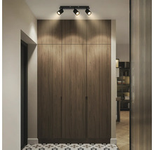 Couloir moderne avec un grand placard encastré à l'aspect bois, éclairé par un spot de plafond à trois lampes sur un sol carrelé à motifs.
