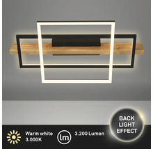 Plafonnier LED moderne avec bois et cadre en métal, 3200 lumens, lumière blanc chaud de 3000 Kelvin et effet de rétroéclairage.