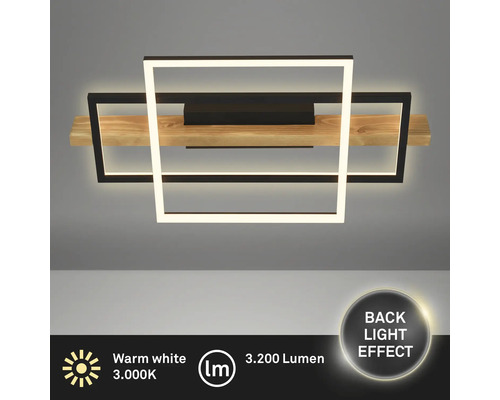 Plafonnier LED moderne avec bois et cadre en métal, 3200 lumens, lumière blanc chaud de 3000 Kelvin et effet de rétroéclairage.