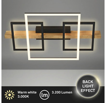 Applique LED moderne avec trois carrés et poutre en bois, lumière blanc chaud, 3000 Kelvin, 3200 Lumen, effet de rétroéclairage.